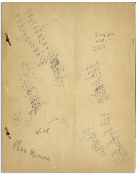 Moe Howard's Script for The Three Stooges 1937 Film ''Back to the Woods'' -- With Notations on Back Cover